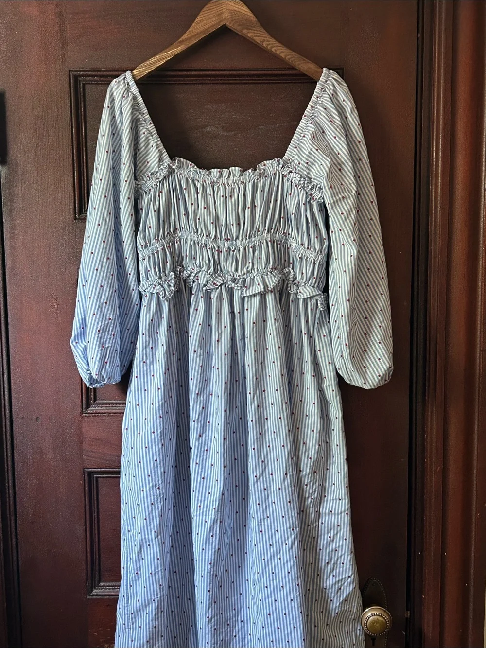 Maeve Anthropologie Smocked Striped Midi Dress Embroidered Polka Dot Size Medium - Picture 7 of 12